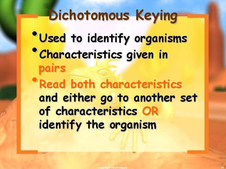 Dichotomous Keying • Used to identify organisms • Characteristics given in pairs • Read