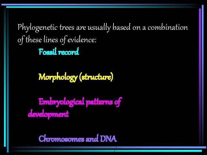 Phylogenetic trees are usually based on a combination of these lines of evidence: Fossil