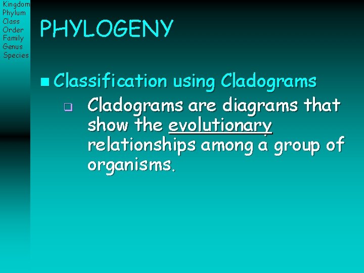 Kingdom Phylum Class Order Family Genus Species PHYLOGENY n Classification q using Cladograms are