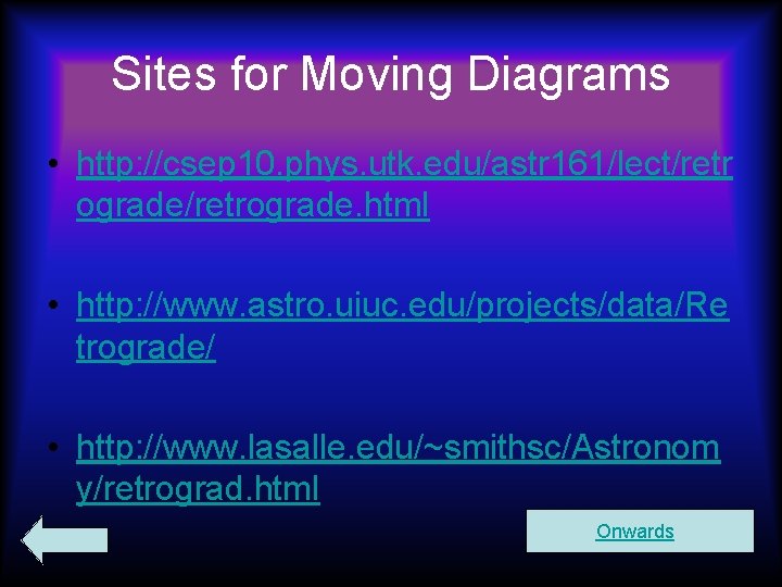 Sites for Moving Diagrams • http: //csep 10. phys. utk. edu/astr 161/lect/retr ograde/retrograde. html