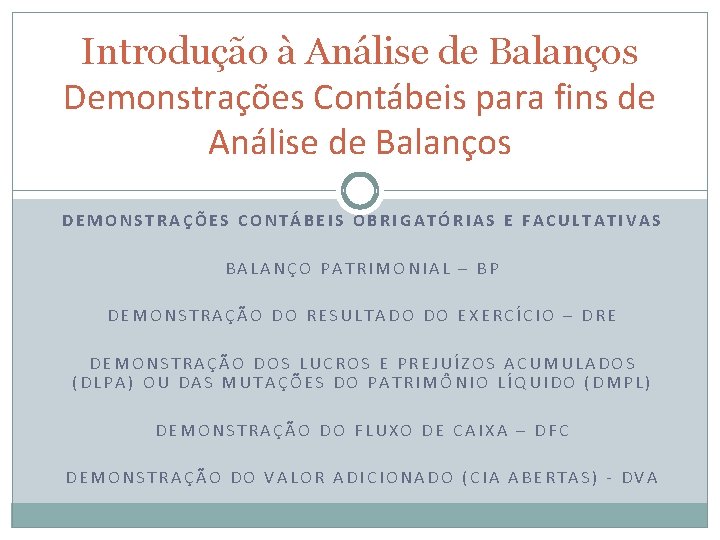 Introdução à Análise de Balanços Demonstrações Contábeis para fins de Análise de Balanços DEMONSTRAÇÕES