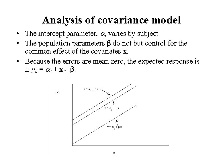 Analysis of covariance model • The intercept parameter, , varies by subject. • The Analysis of covariance model • The intercept parameter, , varies by subject. • The