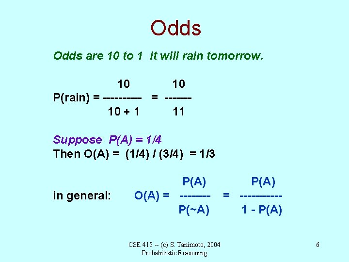 Odds are 10 to 1 it will rain tomorrow. 10 10 P(rain) = ------10