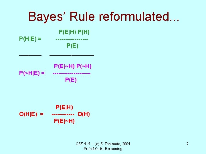 Bayes’ Rule reformulated. . . P(H|E) = _______ P(E|H) P(H) --------P(E) _______ P(~H|E) =