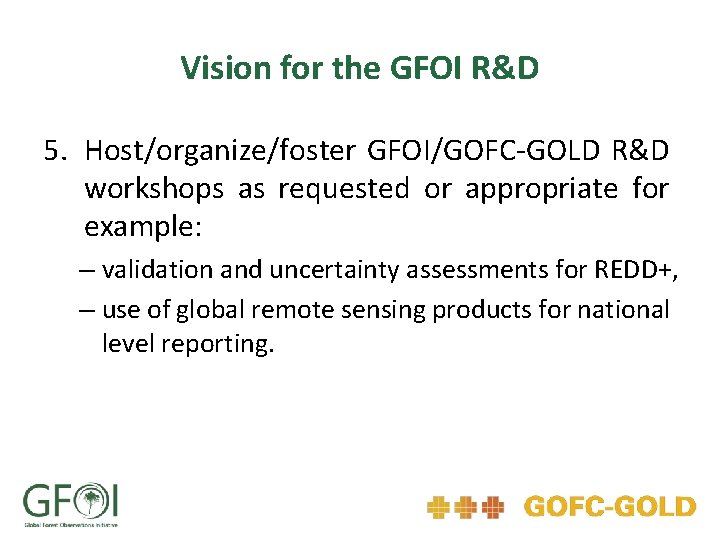 Vision for the GFOI R&D 5. Host/organize/foster GFOI/GOFC-GOLD R&D workshops as requested or appropriate