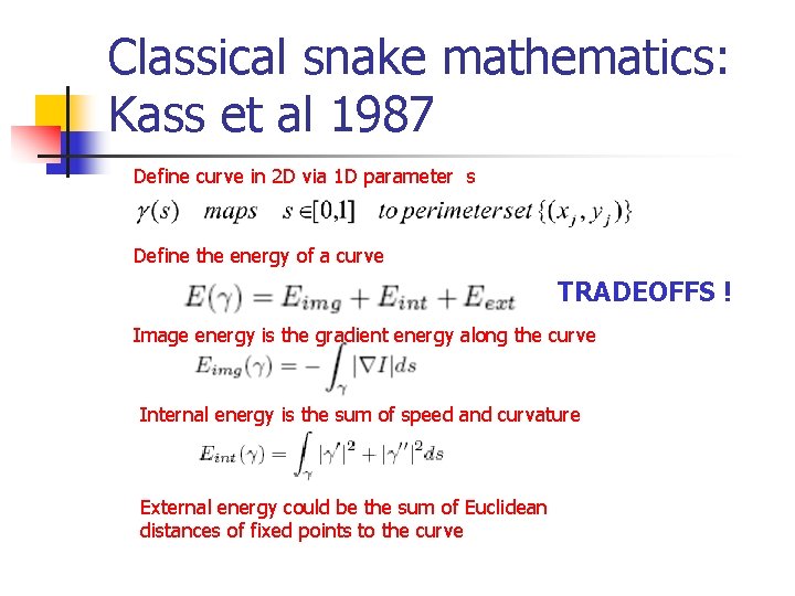 Classical snake mathematics: Kass et al 1987 Define curve in 2 D via 1