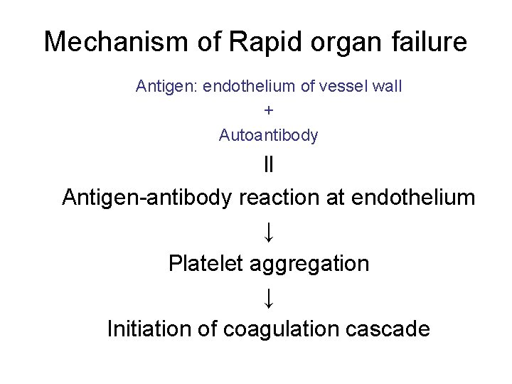 Mechanism of Rapid organ failure Antigen: endothelium of vessel wall + Autoantibody ll Antigen-antibody