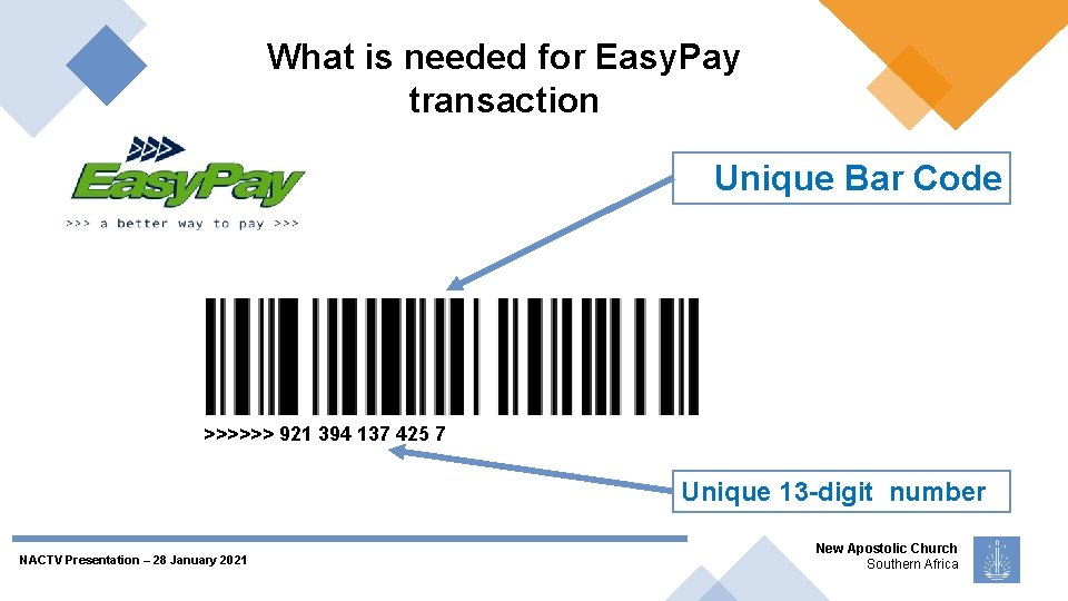 What is needed for Easy. Pay transaction Unique Bar Code >>>>>> 921 394 137