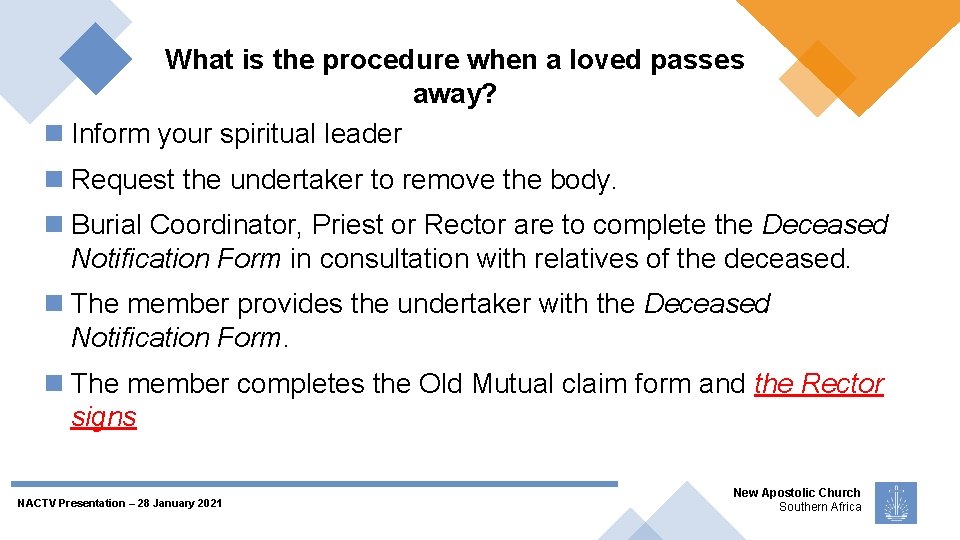 What is the procedure when a loved passes away? Inform your spiritual leader Request