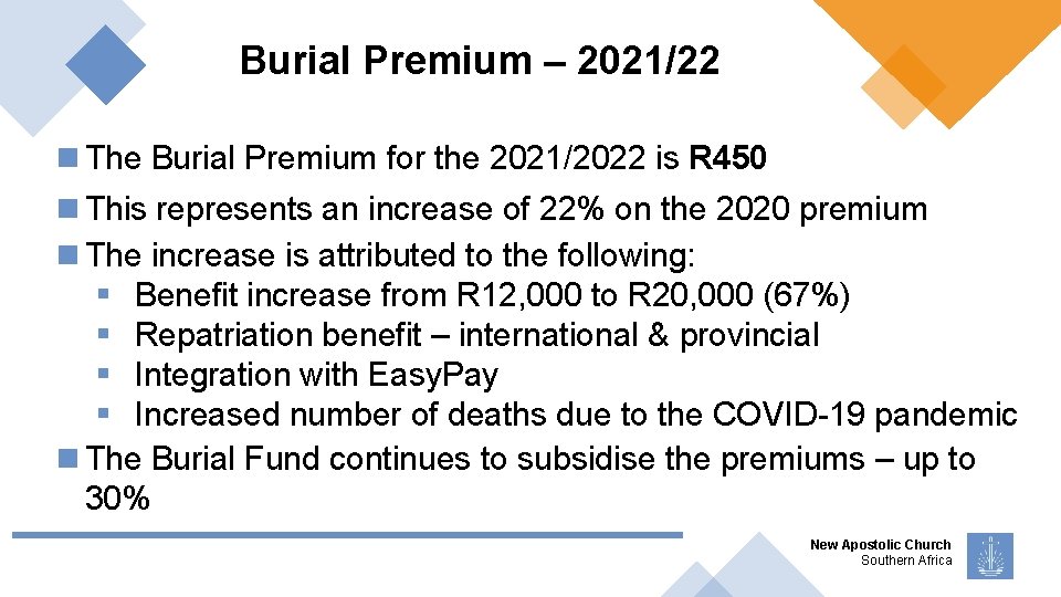 Burial Premium – 2021/22 The Burial Premium for the 2021/2022 is R 450 This