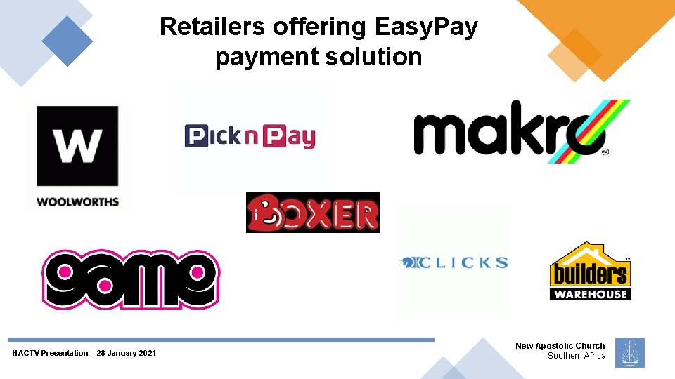 Retailers offering Easy. Pay payment solution NACTV Presentation – 28 January 2021 New Apostolic