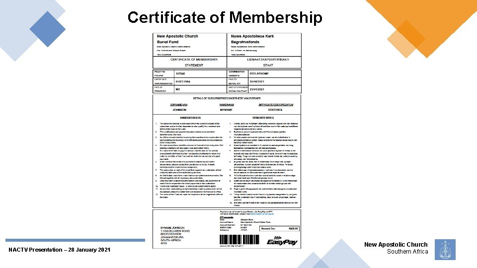 Certificate of Membership NACTV Presentation – 28 January 2021 New Apostolic Church Southern Africa