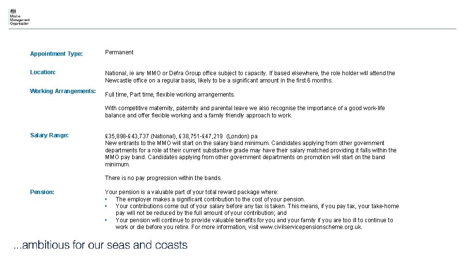 Appointment Type: Permanent Location: National, ie any MMO or Defra Group office subject to
