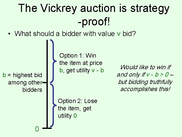 The Vickrey auction is strategy -proof! • What should a bidder with value v