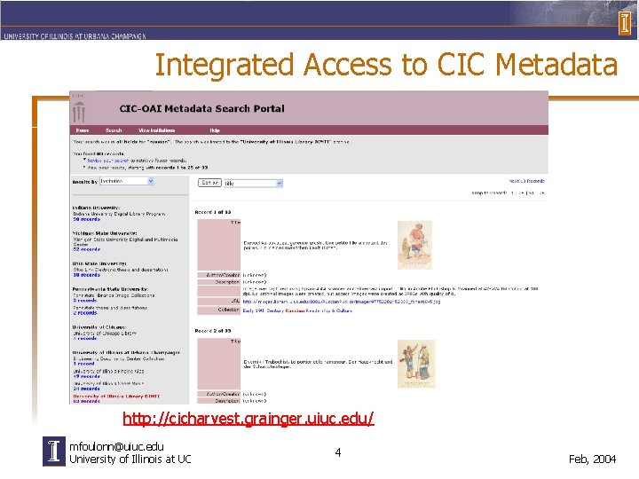 Integrated Access to CIC Metadata http: //cicharvest. grainger. uiuc. edu/ mfoulonn@uiuc. edu University of