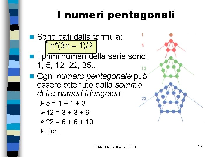 I numeri pentagonali Sono dati dalla formula: n*(3 n – 1)/2 n I primi