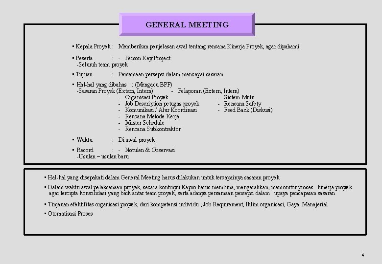 GENERAL MEETING • Kepala Proyek : Memberikan penjelasan awal tentang rencana Kinerja Proyek, agar