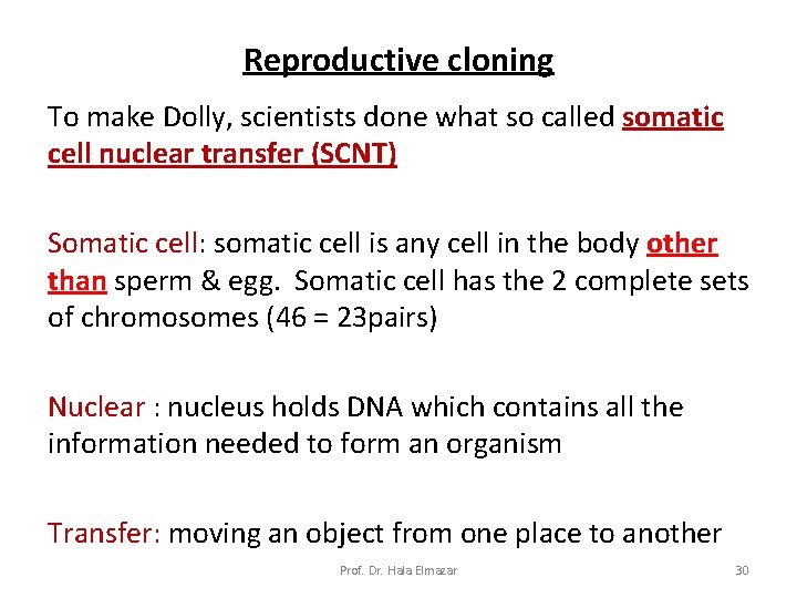 Reproductive cloning To make Dolly, scientists done what so called somatic cell nuclear transfer