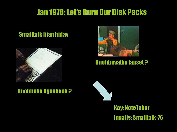 Jan 1976: Let’s Burn Our Disk Packs Smalltalk liian hidas Unohtuivatko lapset ? Unohtuiko
