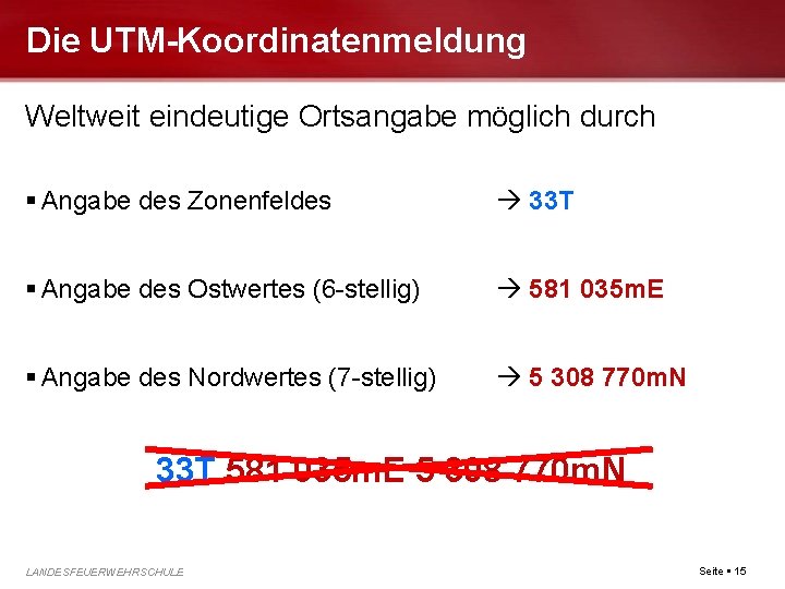 Die UTM-Koordinatenmeldung Weltweit eindeutige Ortsangabe möglich durch Angabe des Zonenfeldes 33 T Angabe des