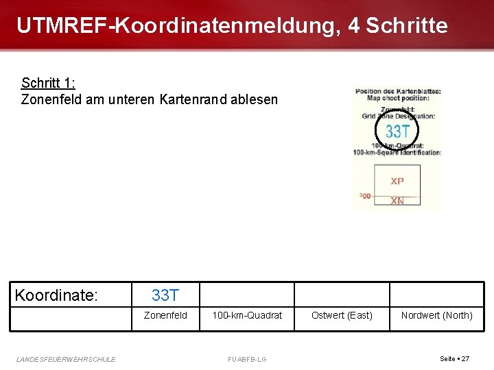 UTMREF-Koordinatenmeldung, 4 Schritte Schritt 1: Zonenfeld am unteren Kartenrand ablesen Koordinate: 33 T Zonenfeld