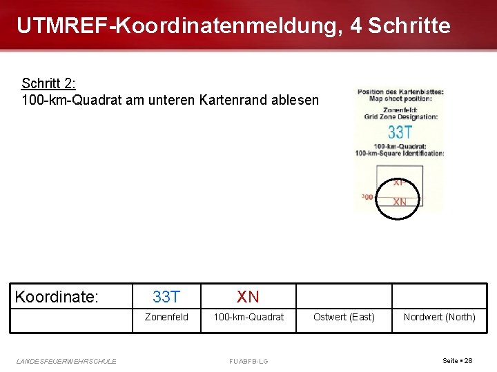 UTMREF-Koordinatenmeldung, 4 Schritte Schritt 2: 100 -km-Quadrat am unteren Kartenrand ablesen Koordinate: LANDESFEUERWEHRSCHULE 33