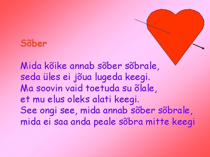 Sõber Mida kõike annab sõber sõbrale, seda üles ei jõua lugeda keegi. Ma soovin