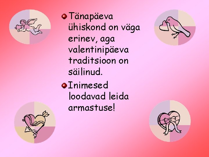 Tänapäeva ühiskond on väga erinev, aga valentinipäeva traditsioon on säilinud. Inimesed loodavad leida armastuse!