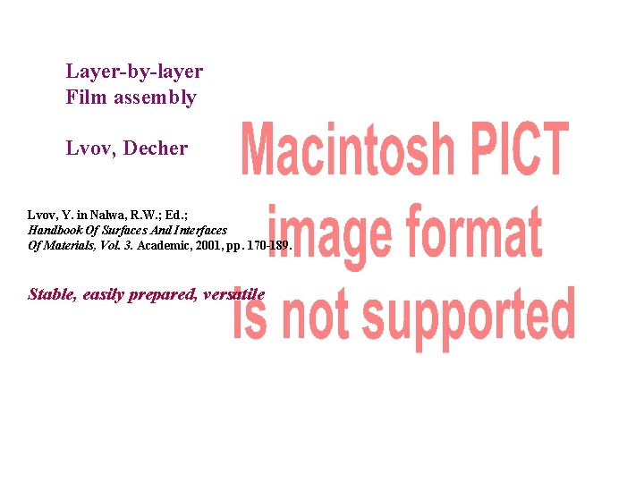 Layer-by-layer Film assembly Lvov, Decher Lvov, Y. in Nalwa, R. W. ; Ed. ;