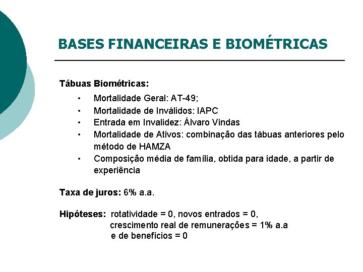BASES FINANCEIRAS E BIOMÉTRICAS Tábuas Biométricas: • • • Mortalidade Geral: AT-49; Mortalidade de