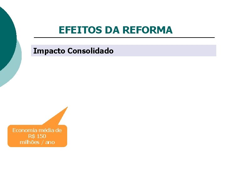 EFEITOS DA REFORMA Impacto Consolidado Economia média de R$ 150 milhões / ano 