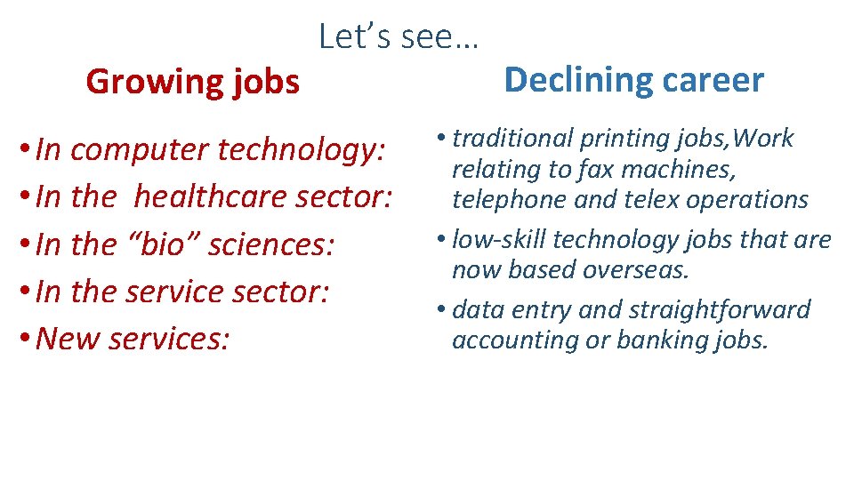 Growing jobs Let’s see… • In computer technology: • In the healthcare sector: •