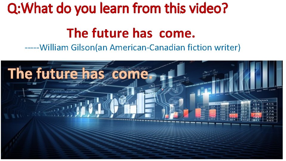 Q: What do you learn from this video? The future has come. -----William Gilson(an