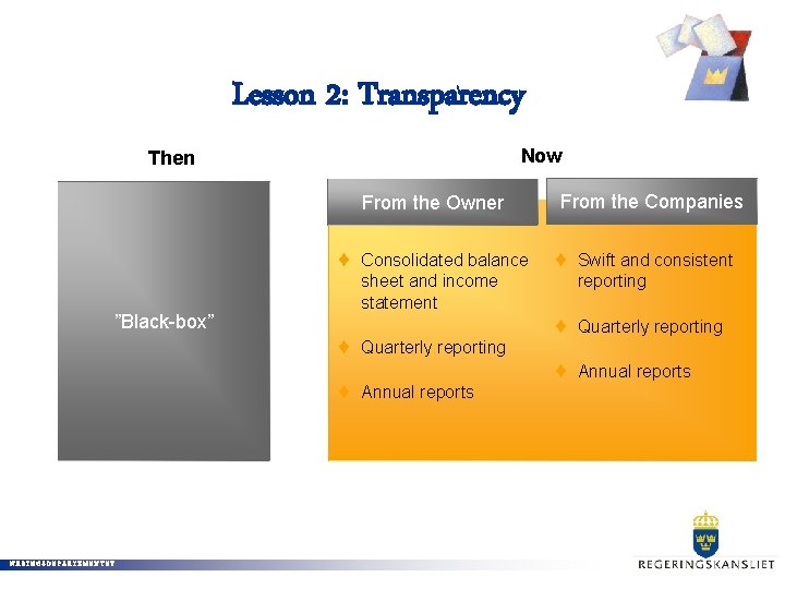 Lesson 2: Transparency Now Then From the Owner ”Black-box” NÄRINGSDEPARTEMENTET Consolidated balance sheet and