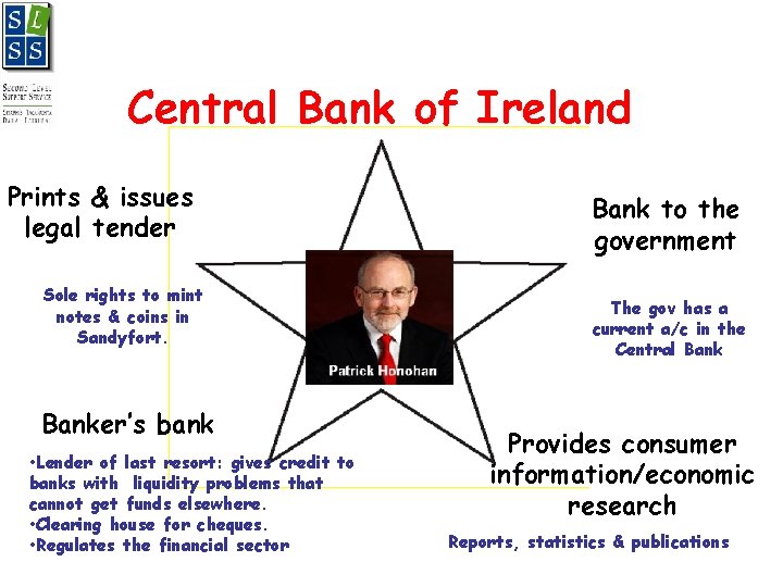 Central Bank of Ireland Prints & issues legal tender Sole rights to mint notes