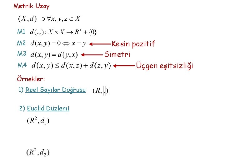 Metrik Uzay M 1 M 2 M 3 M 4 Örnekler: 1) Reel Sayılar