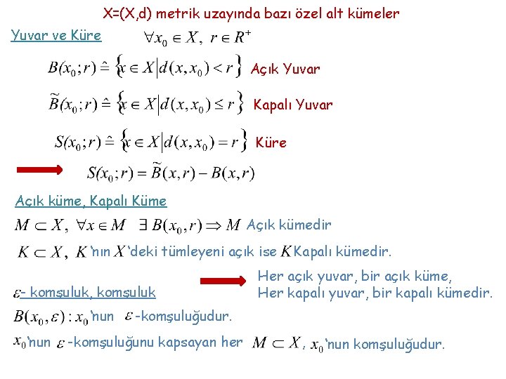 X=(X, d) metrik uzayında bazı özel alt kümeler Yuvar ve Küre Açık Yuvar Kapalı