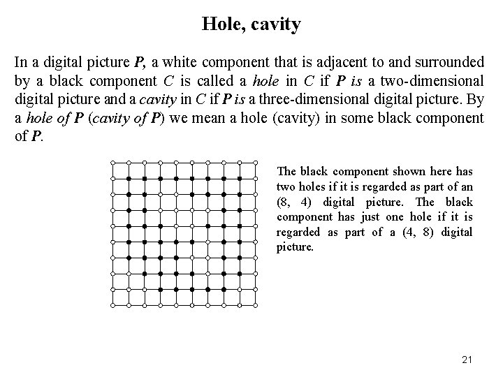 Hole, cavity In a digital picture P, a white component that is adjacent to