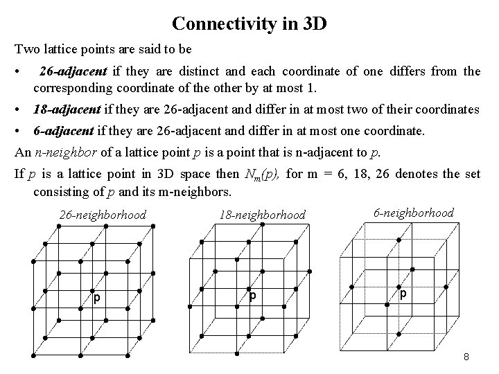 Connectivity in 3 D Two lattice points are said to be • 26 -adjacent