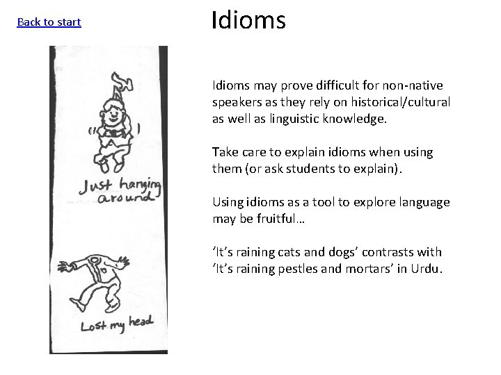 Back to start Idioms may prove difficult for non-native speakers as they rely on