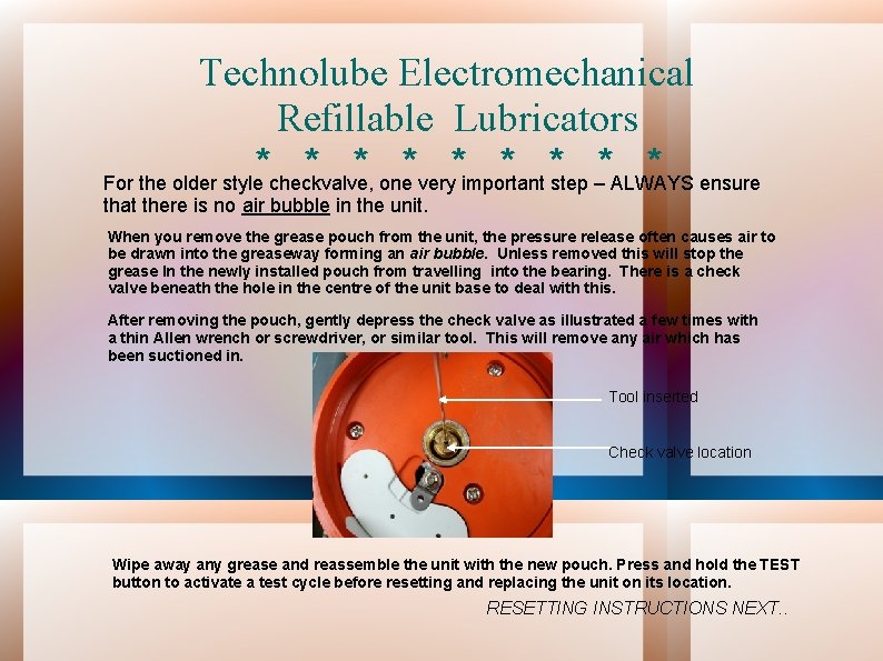 Technolube Electromechanical Refillable Lubricators * * * * * For the older style checkvalve,
