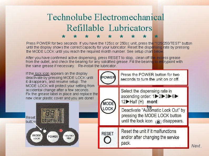 Technolube Electromechanical Refillable Lubricators * * * * * Press POWER for two seconds