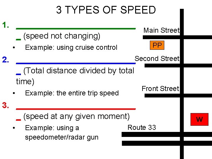 3 TYPES OF SPEED 1. _____________ Main Street _ (speed not changing) • PP