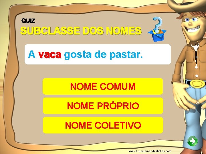 SUBCLASSE DOS NOMES A vaca gosta de pastar. NOME COMUM NOME PRÓPRIO NOME COLETIVO