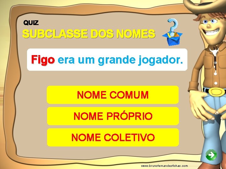 SUBCLASSE DOS NOMES Figo era um grande jogador. NOME COMUM NOME PRÓPRIO NOME COLETIVO