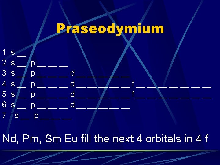 Praseodymium 1 2 3 4 5 6 s __ p __ __ __ d