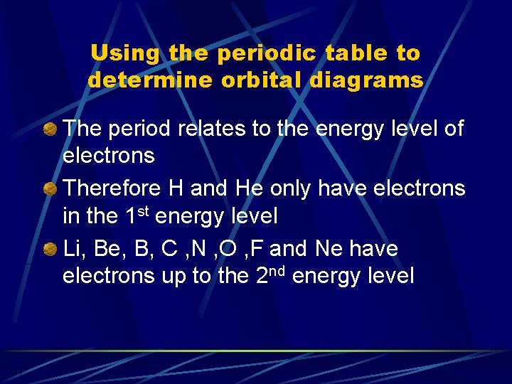 Using the periodic table to determine orbital diagrams The period relates to the energy