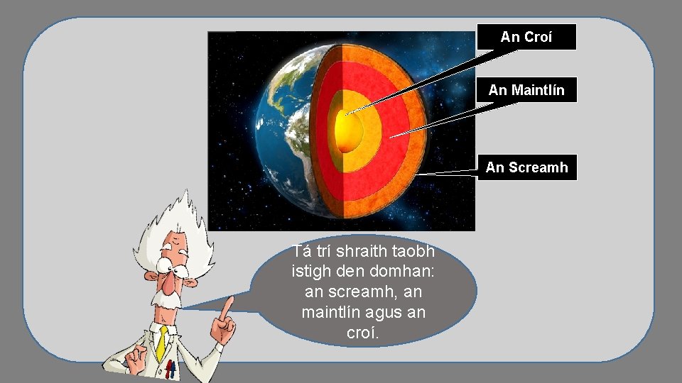 An Croí An Maintlín An Screamh Tá trí shraith taobh istigh den domhan: an