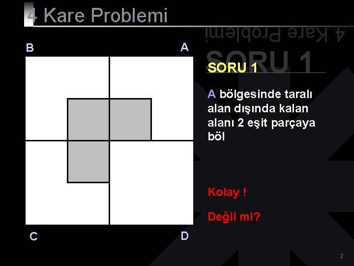 B A 4 Kare Problemi SORU 1 A bölgesinde taralı alan dışında kalanı 2