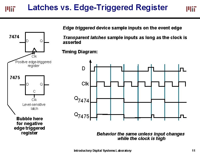 Latches vs. Edge-Triggered Register Edge triggered device sample inputs on the event edge 7474